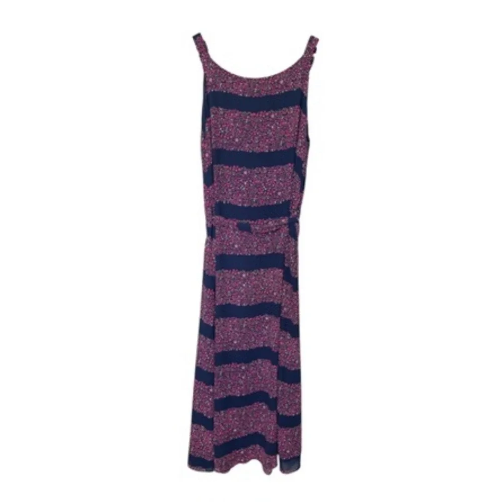 Michael Kors Dress Womens XL Midi Navy Pink Floral Stripe Ring Belted EUC